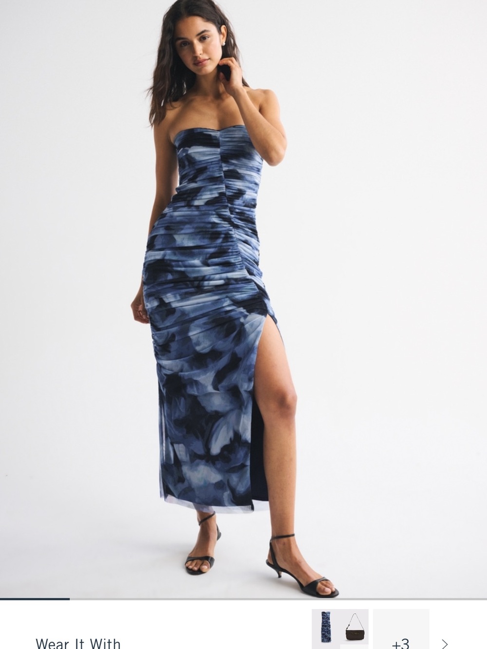 Abercrombie & Fitch Strapless Navy Blue Abstract Ruched Maxi Dress